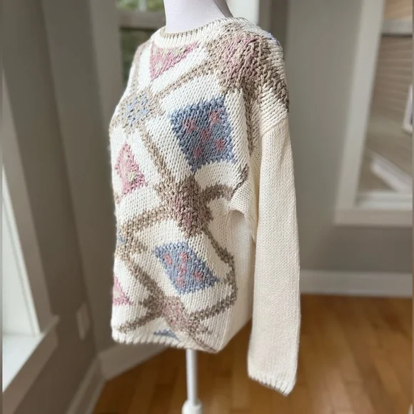 Vintage 80s 90s Hunters Run Tan White Pink Argyle Knit Sweater Size Large - Picture 3 of 8
